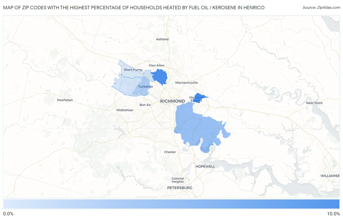 Zip Codes with the Highest Percentage of Households Heated by Fuel Oil / Kerosene in Henrico Map