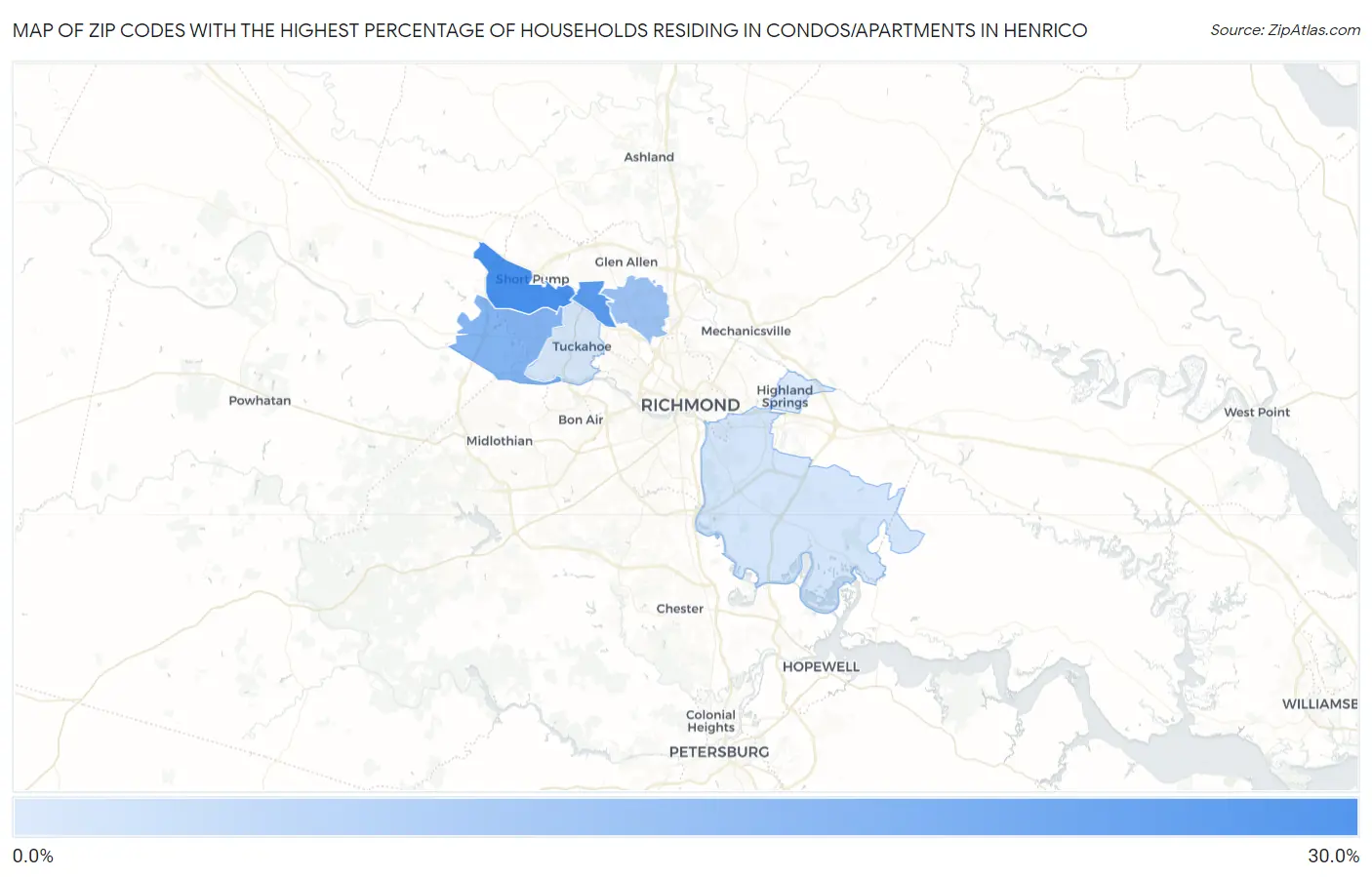 Zip Codes with the Highest Percentage of Households Residing in Condos/Apartments in Henrico Map