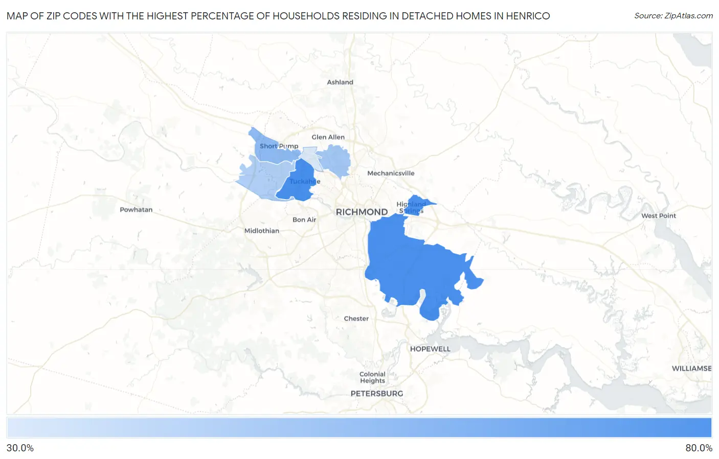 Zip Codes with the Highest Percentage of Households Residing in Detached Homes in Henrico Map