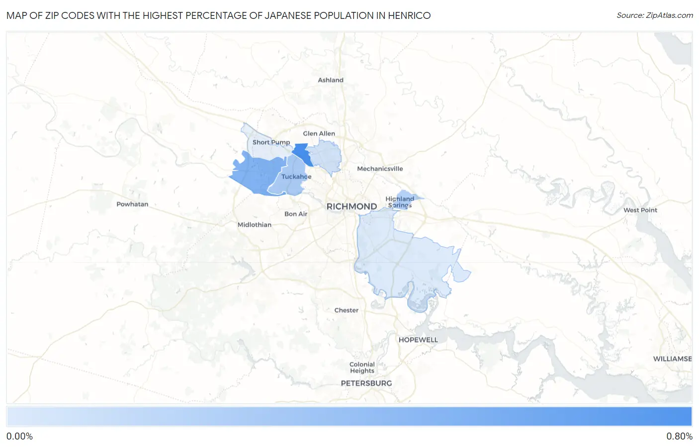 Zip Codes with the Highest Percentage of Japanese Population in Henrico Map