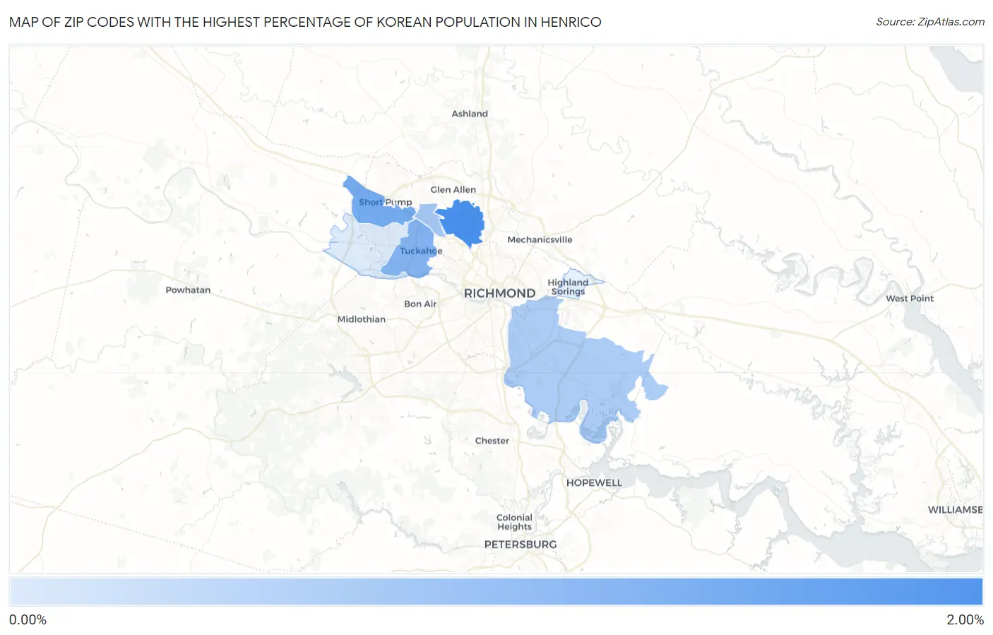 Zip Codes with the Highest Percentage of Korean Population in Henrico Map