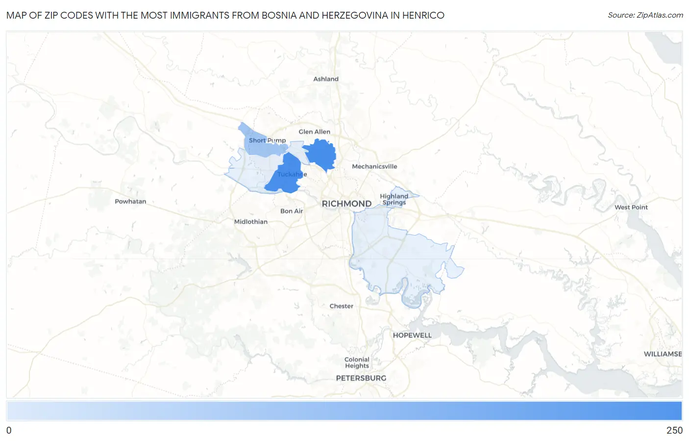Zip Codes with the Most Immigrants from Bosnia and Herzegovina in Henrico Map