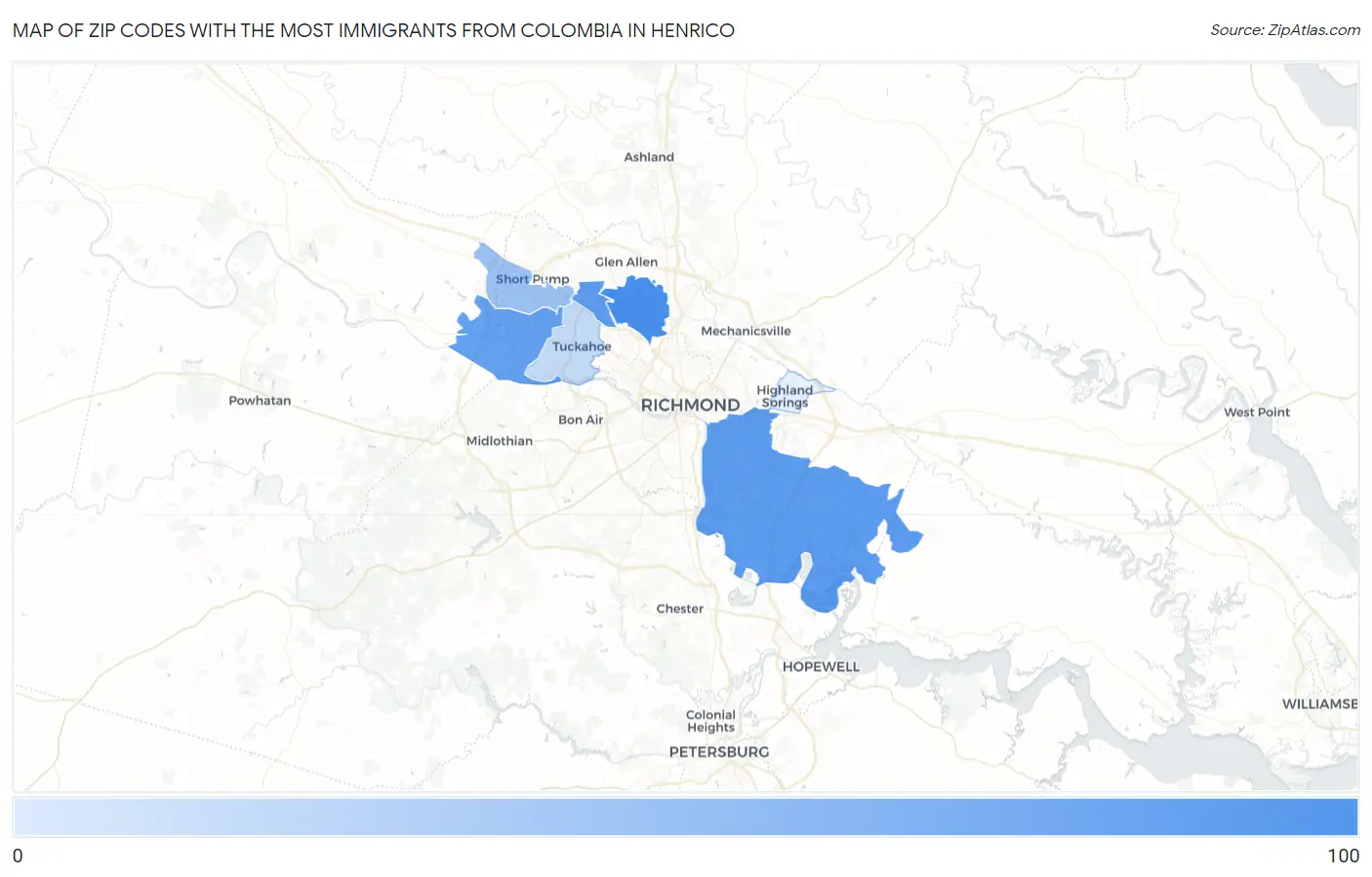 Zip Codes with the Most Immigrants from Colombia in Henrico Map
