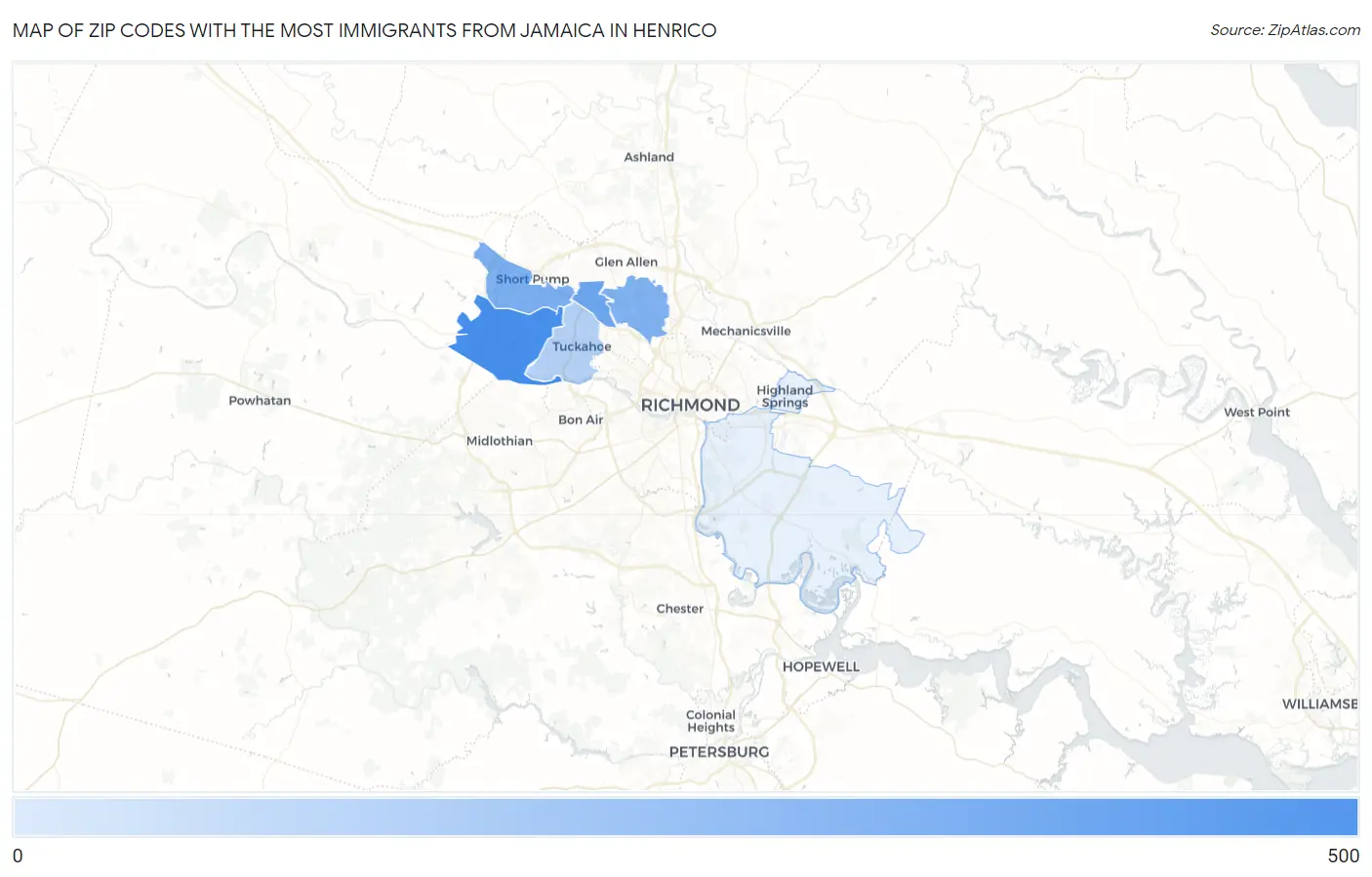 Zip Codes with the Most Immigrants from Jamaica in Henrico Map
