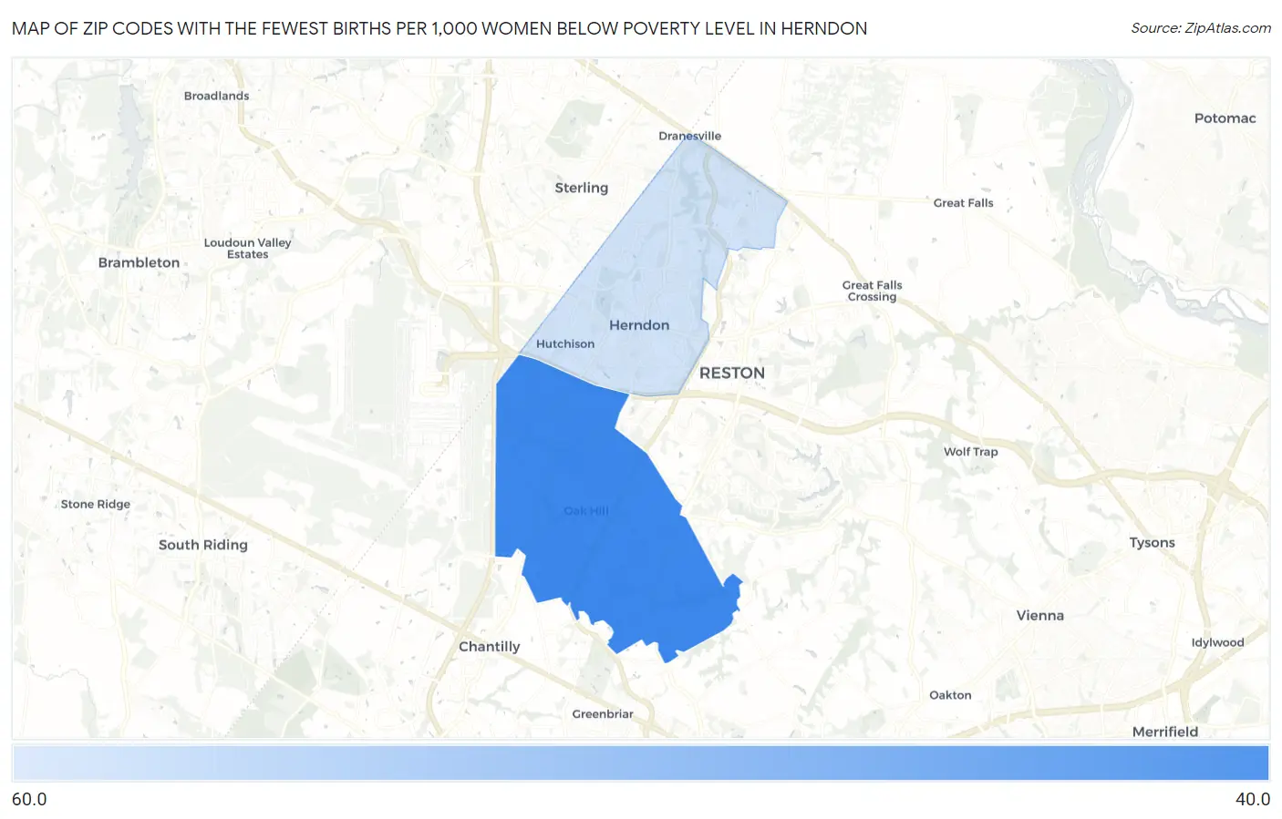 Zip Codes with the Fewest Births per 1,000 Women Below Poverty Level in Herndon Map