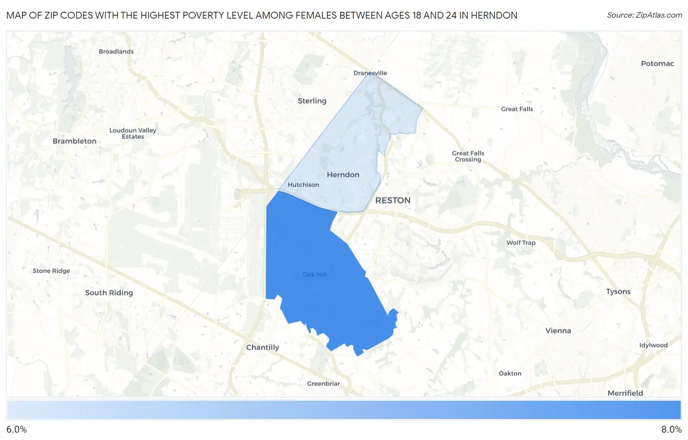 Zip Codes with the Highest Poverty Level Among Females Between Ages 18 and 24 in Herndon Map