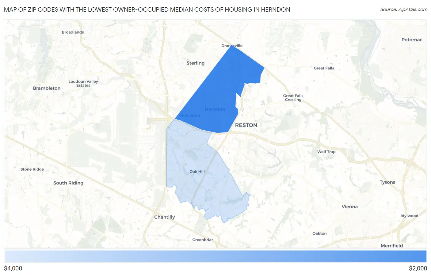 Zip Codes with the Lowest Owner-Occupied Median Costs of Housing in Herndon Map