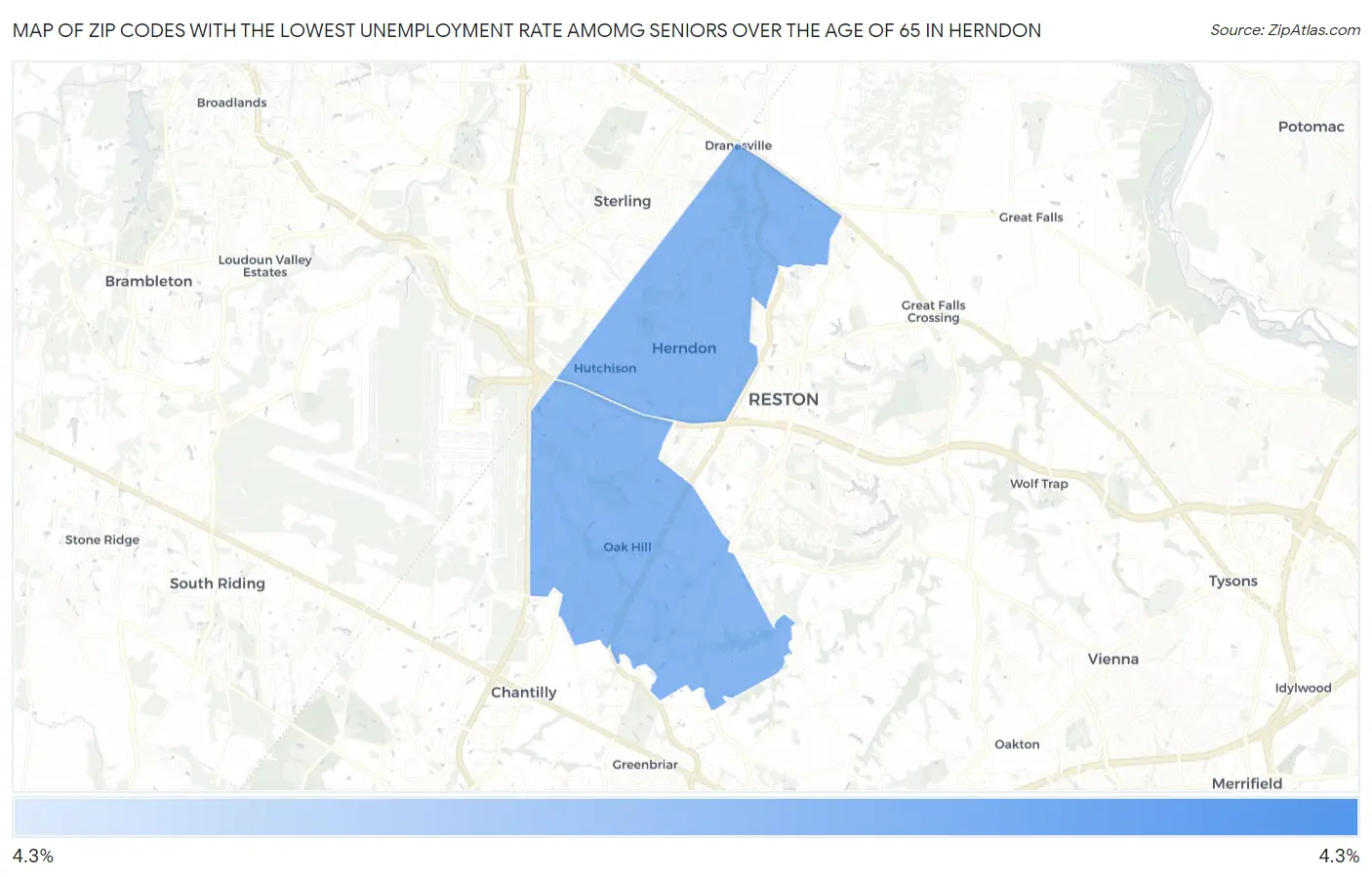 Zip Codes with the Lowest Unemployment Rate Amomg Seniors Over the Age of 65 in Herndon Map