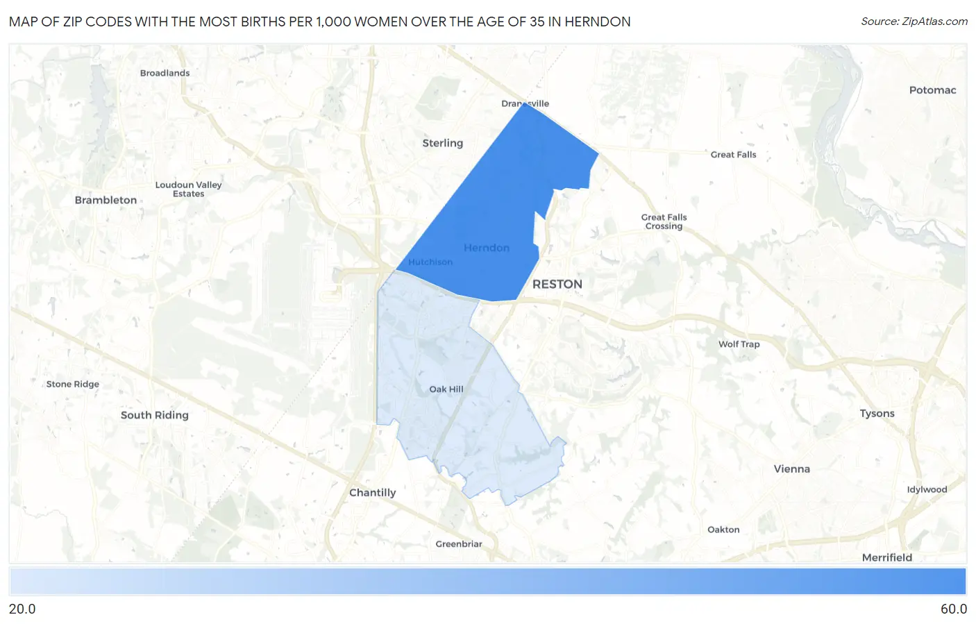 Zip Codes with the Most Births per 1,000 Women Over the Age of 35 in Herndon Map