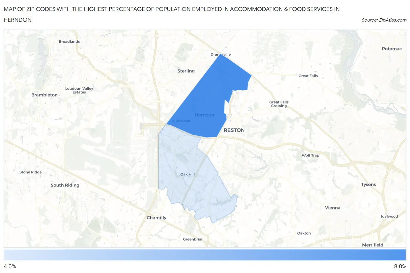 Zip Codes with the Highest Percentage of Population Employed in Accommodation & Food Services in Herndon Map