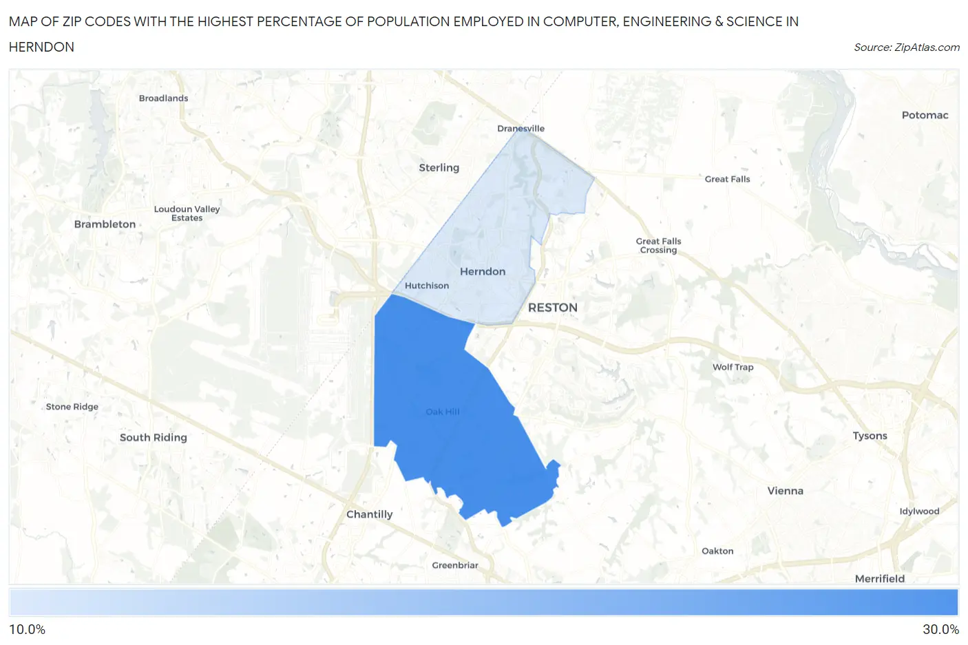 Zip Codes with the Highest Percentage of Population Employed in Computer, Engineering & Science in Herndon Map