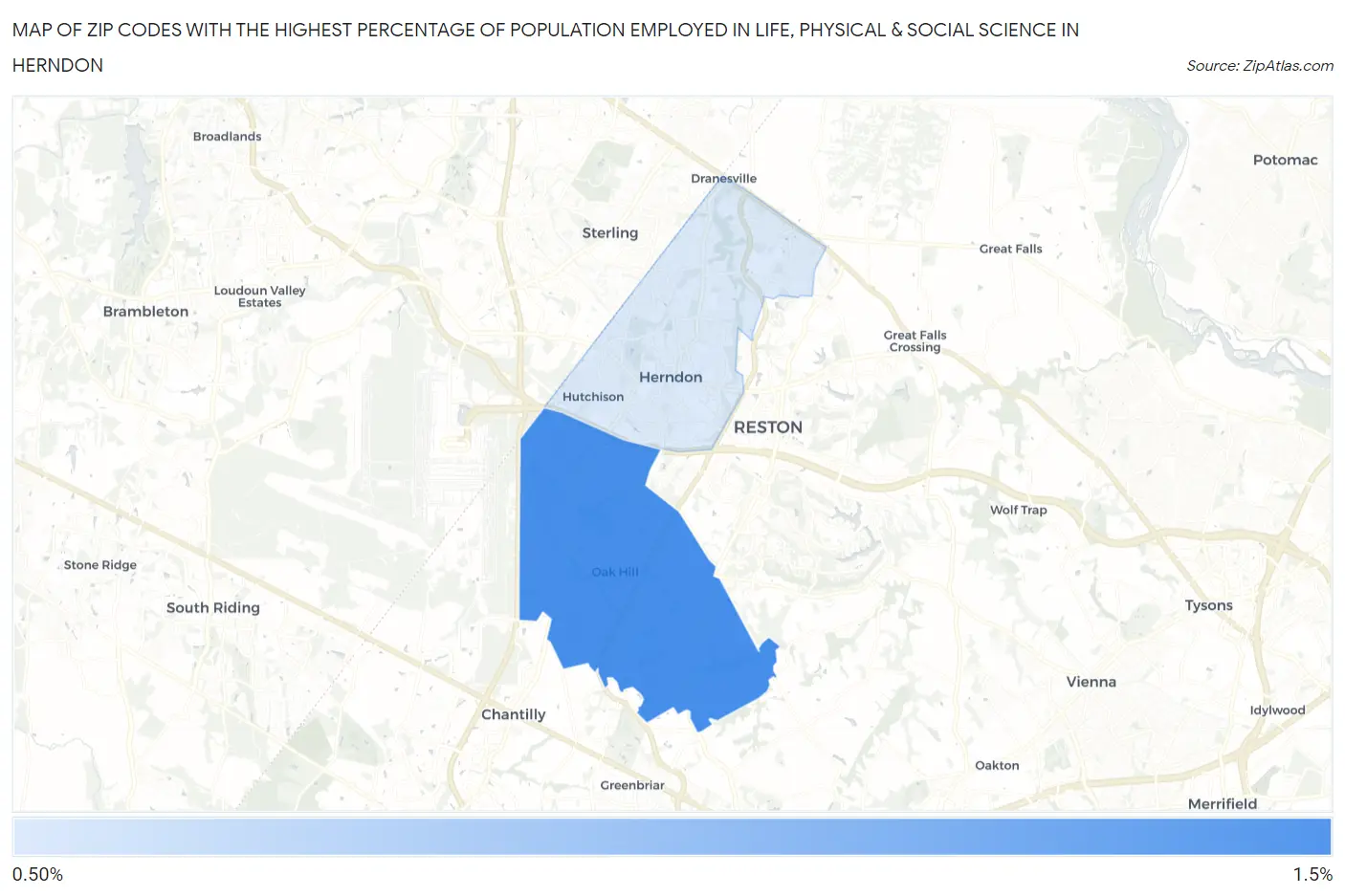 Zip Codes with the Highest Percentage of Population Employed in Life, Physical & Social Science in Herndon Map