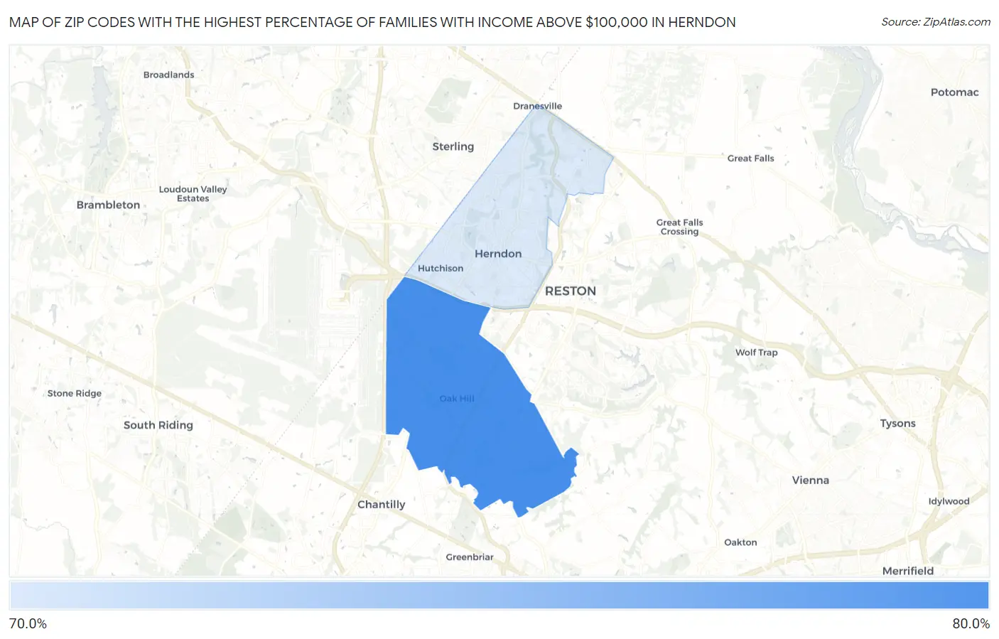 Zip Codes with the Highest Percentage of Families with Income Above $100,000 in Herndon Map