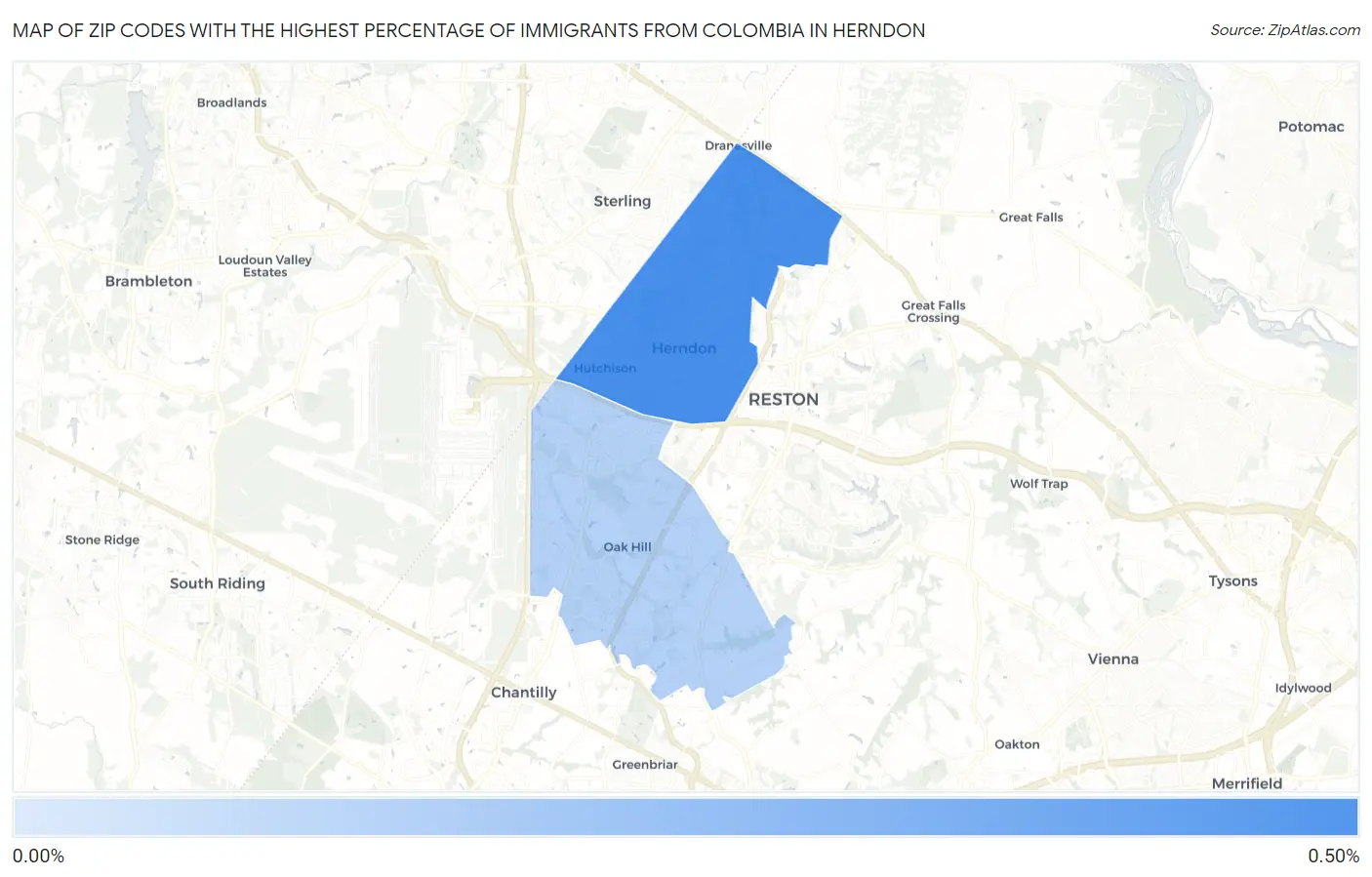 Zip Codes with the Highest Percentage of Immigrants from Colombia in Herndon Map