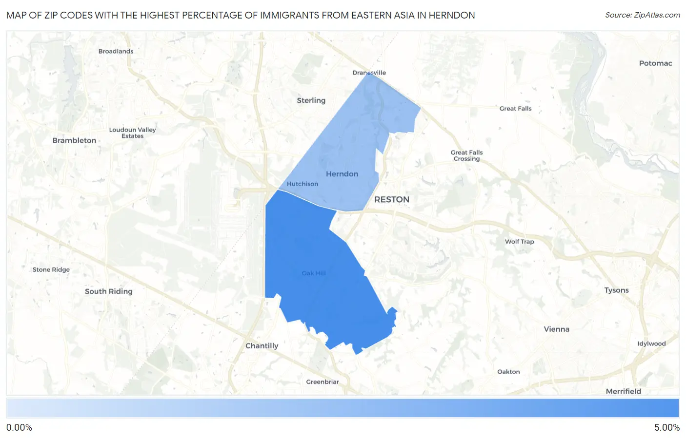 Zip Codes with the Highest Percentage of Immigrants from Eastern Asia in Herndon Map