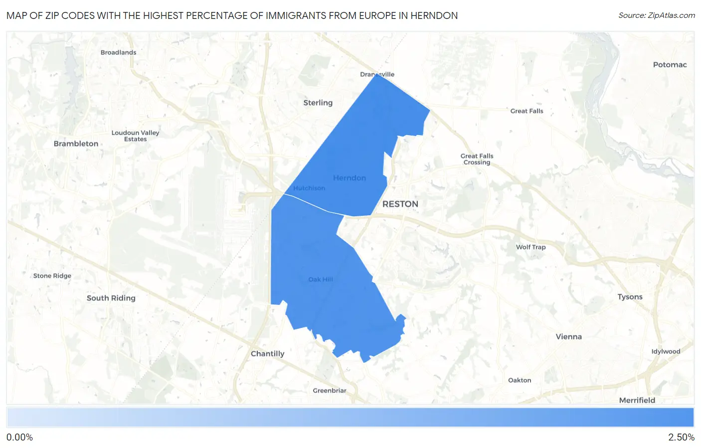 Zip Codes with the Highest Percentage of Immigrants from Europe in Herndon Map
