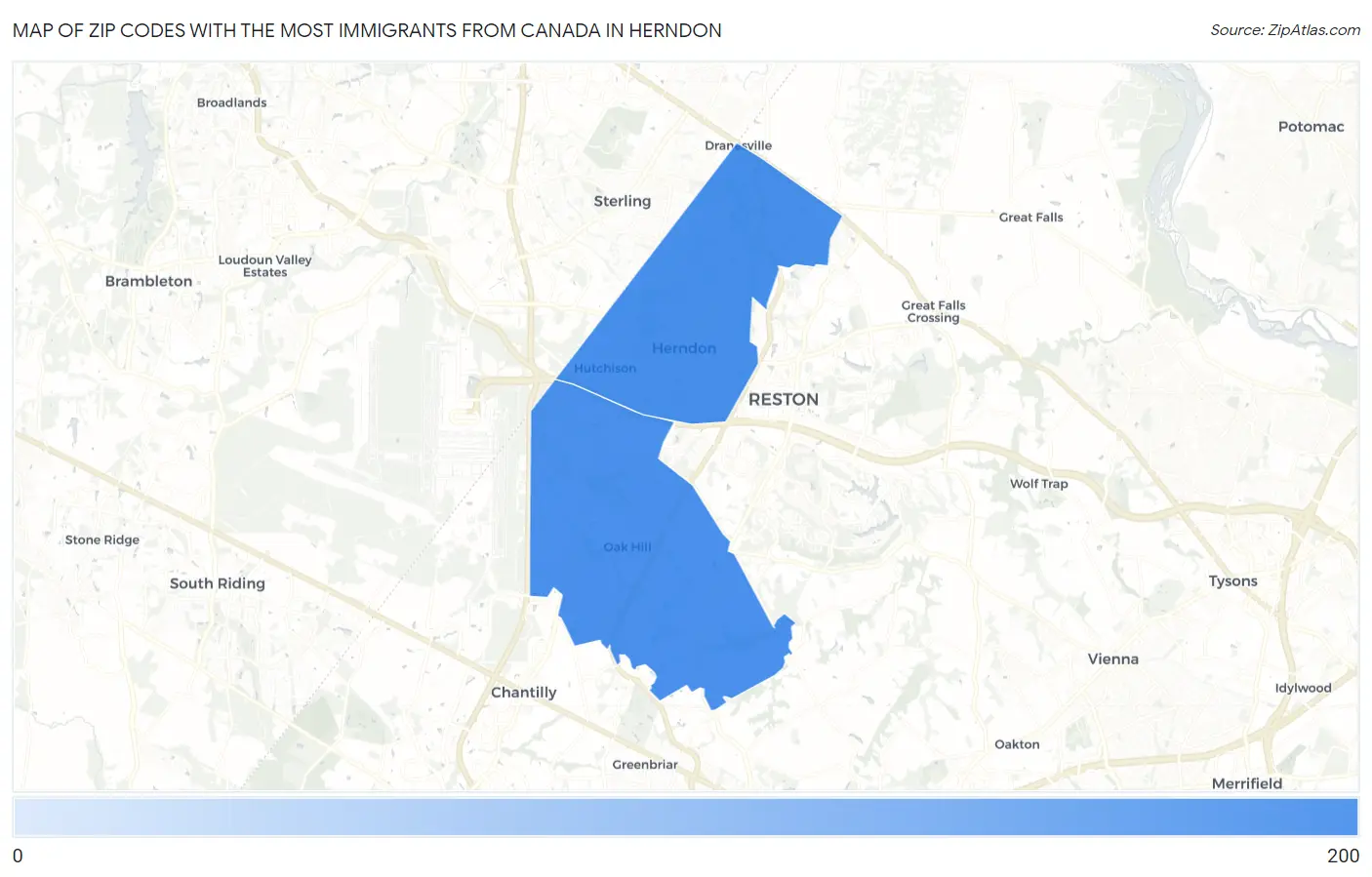 Zip Codes with the Most Immigrants from Canada in Herndon Map