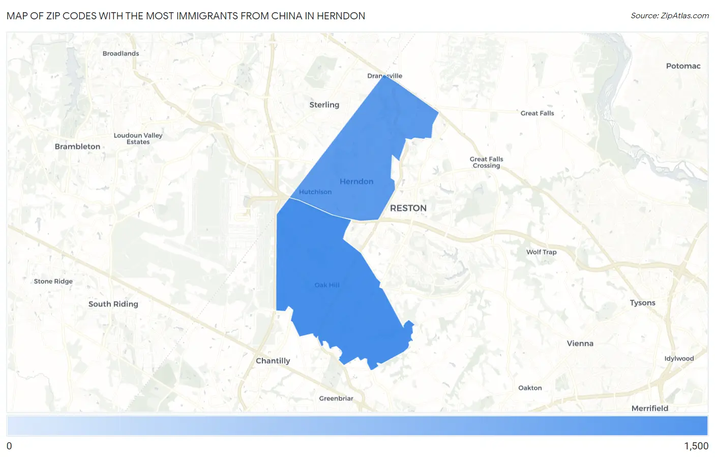 Zip Codes with the Most Immigrants from China in Herndon Map