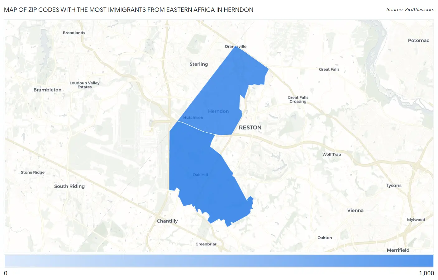 Zip Codes with the Most Immigrants from Eastern Africa in Herndon Map