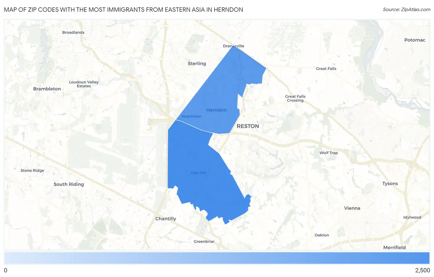 Zip Codes with the Most Immigrants from Eastern Asia in Herndon Map