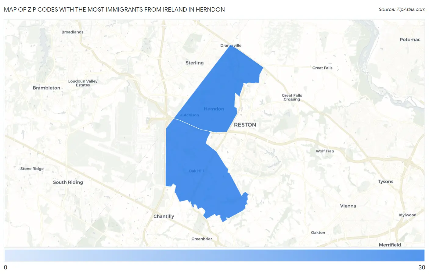 Zip Codes with the Most Immigrants from Ireland in Herndon Map