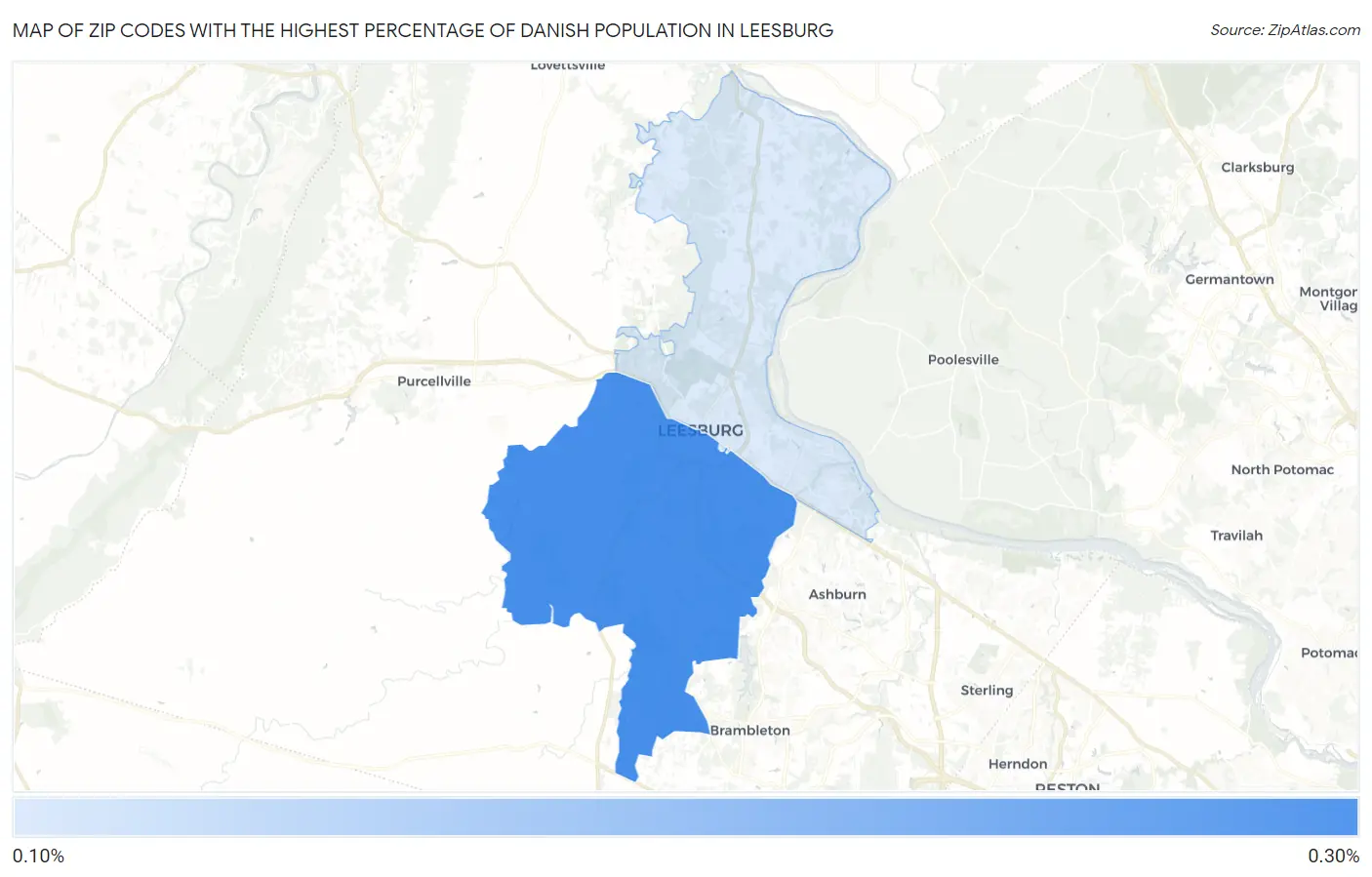 Zip Codes with the Highest Percentage of Danish Population in Leesburg Map