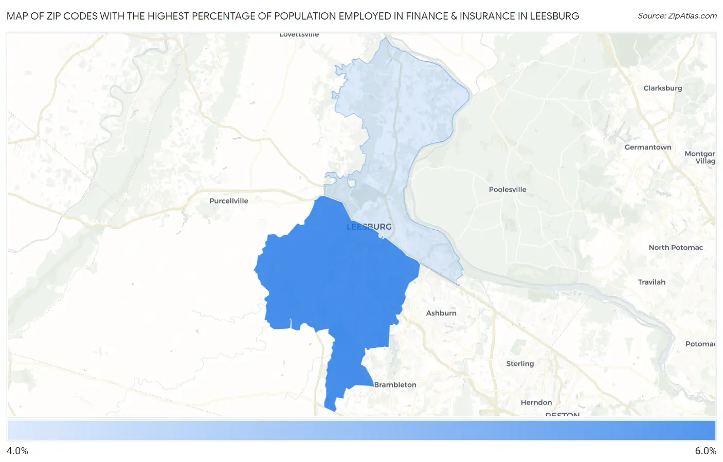 Zip Codes with the Highest Percentage of Population Employed in Finance & Insurance in Leesburg Map