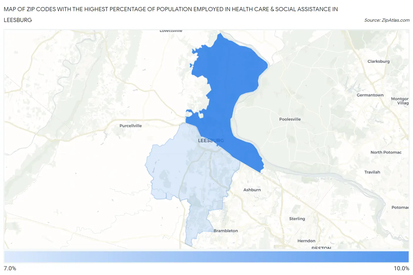 Zip Codes with the Highest Percentage of Population Employed in Health Care & Social Assistance in Leesburg Map