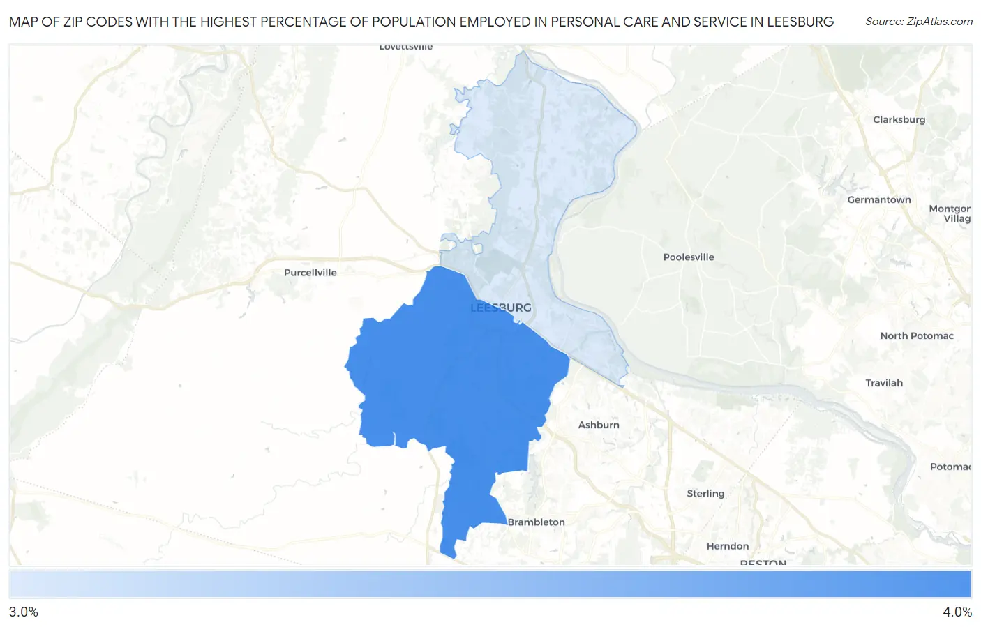 Zip Codes with the Highest Percentage of Population Employed in Personal Care and Service in Leesburg Map