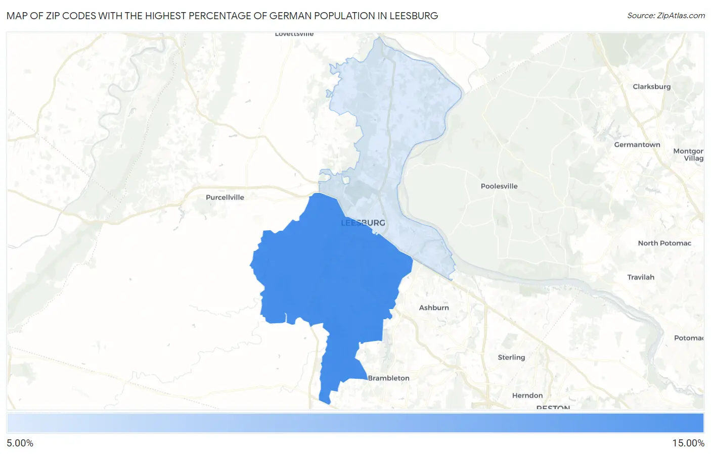 Zip Codes with the Highest Percentage of German Population in Leesburg Map