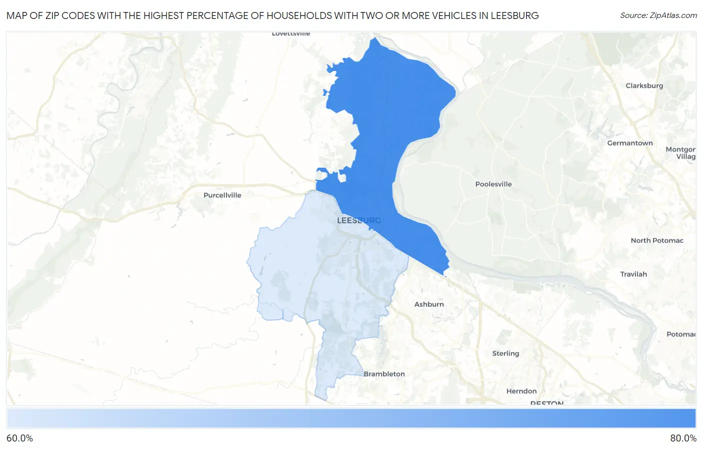 Zip Codes with the Highest Percentage of Households With Two or more Vehicles in Leesburg Map