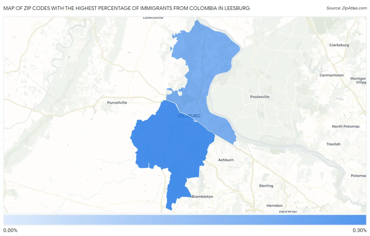 Zip Codes with the Highest Percentage of Immigrants from Colombia in Leesburg Map