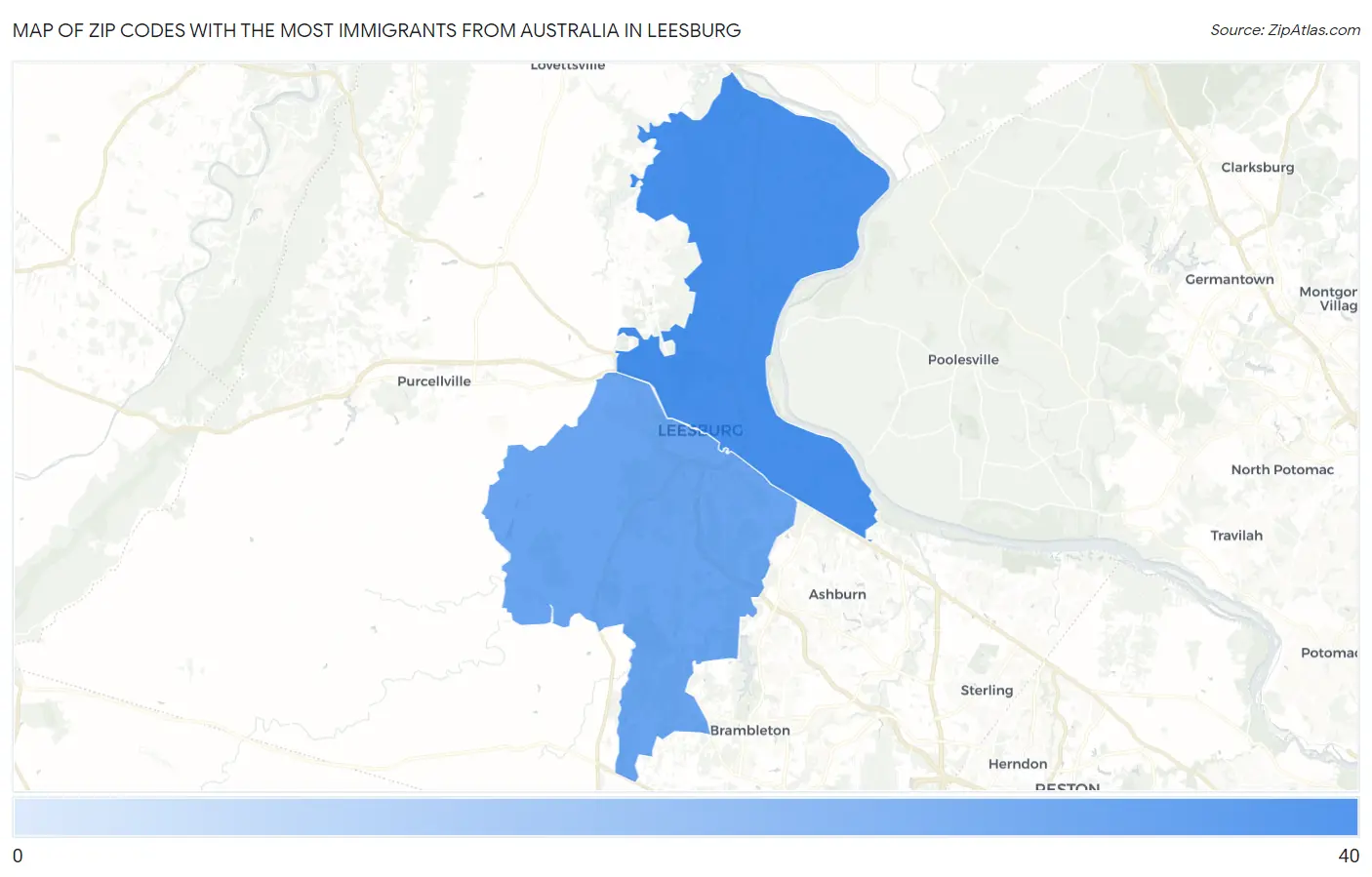 Zip Codes with the Most Immigrants from Australia in Leesburg Map