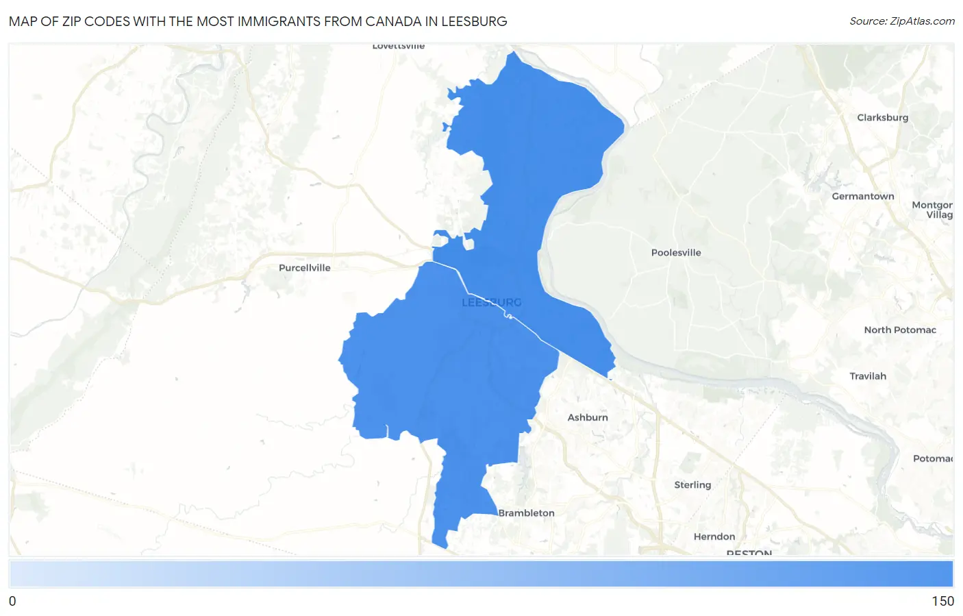 Zip Codes with the Most Immigrants from Canada in Leesburg Map