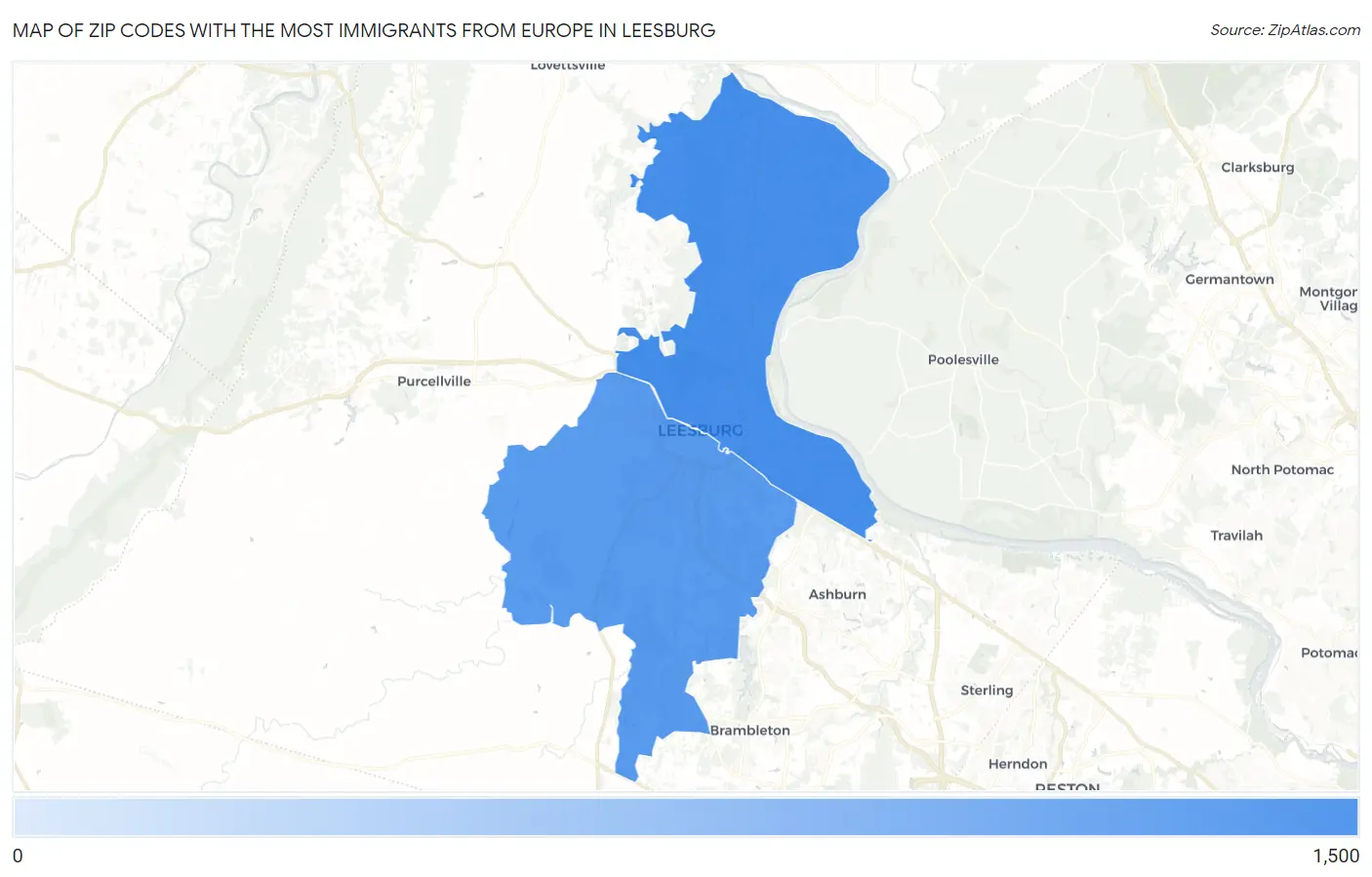 Zip Codes with the Most Immigrants from Europe in Leesburg Map