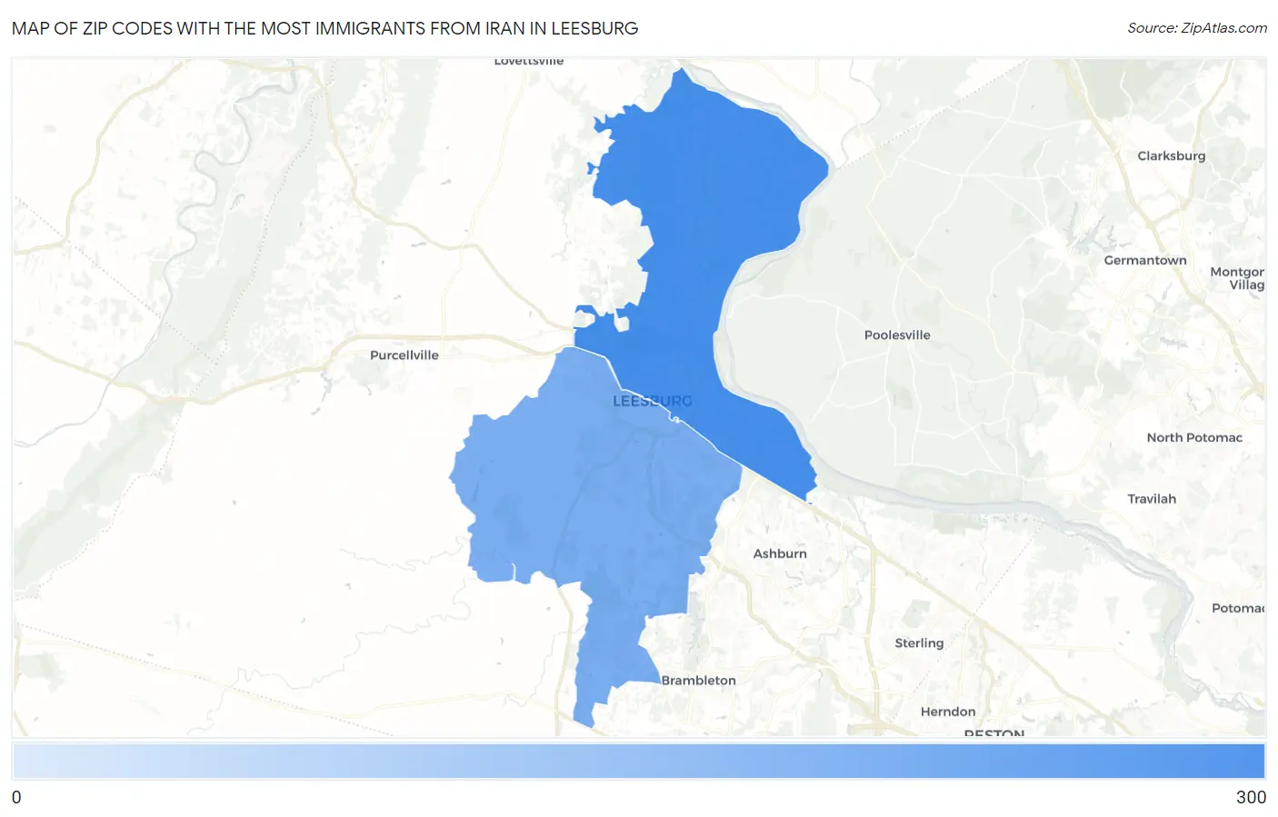 Zip Codes with the Most Immigrants from Iran in Leesburg Map