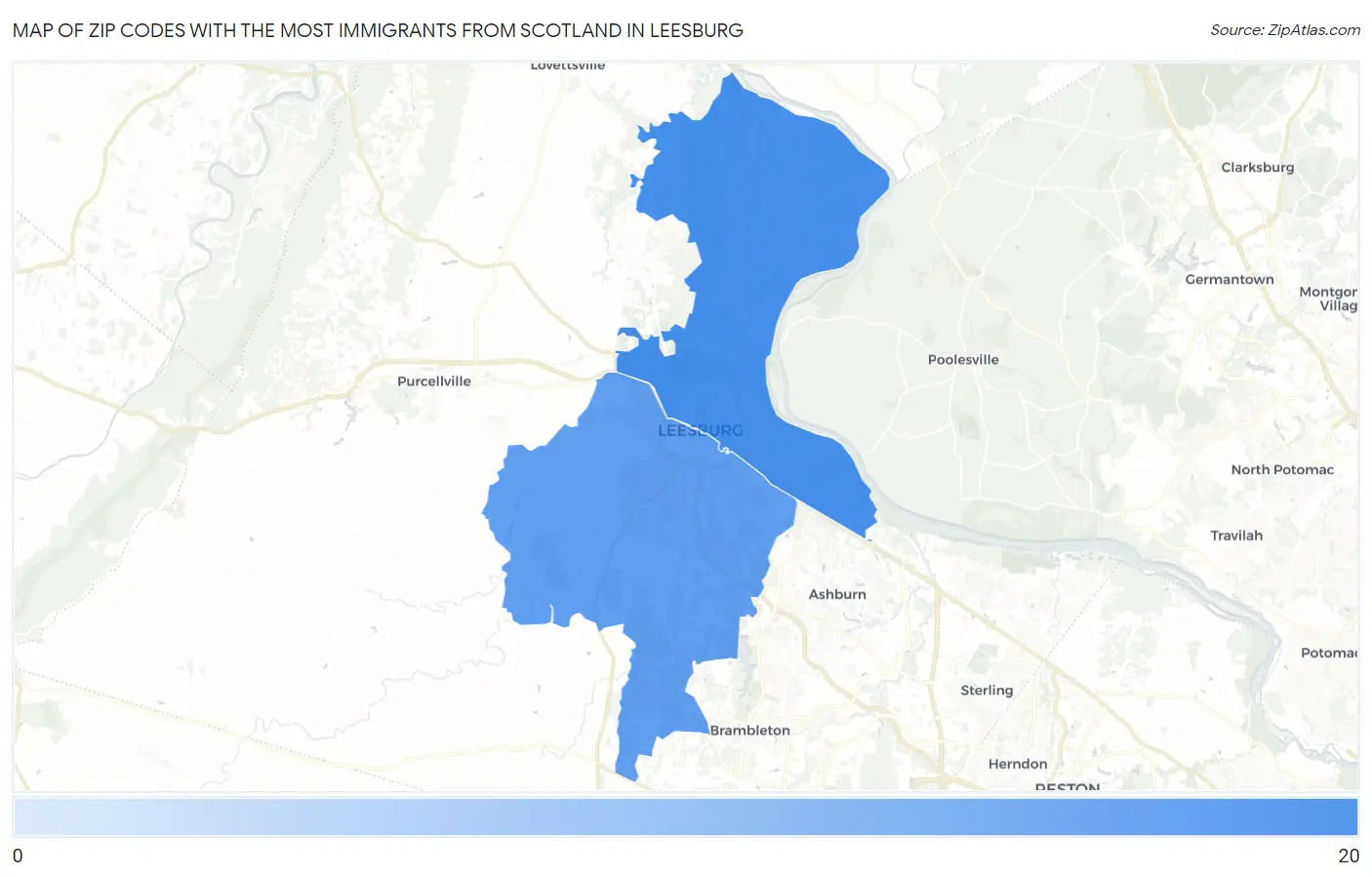 Zip Codes with the Most Immigrants from Scotland in Leesburg Map