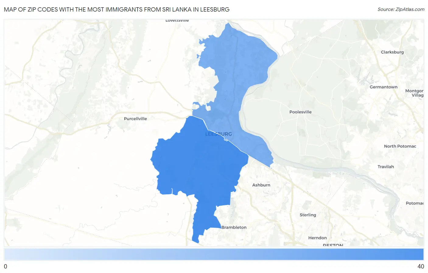 Zip Codes with the Most Immigrants from Sri Lanka in Leesburg Map