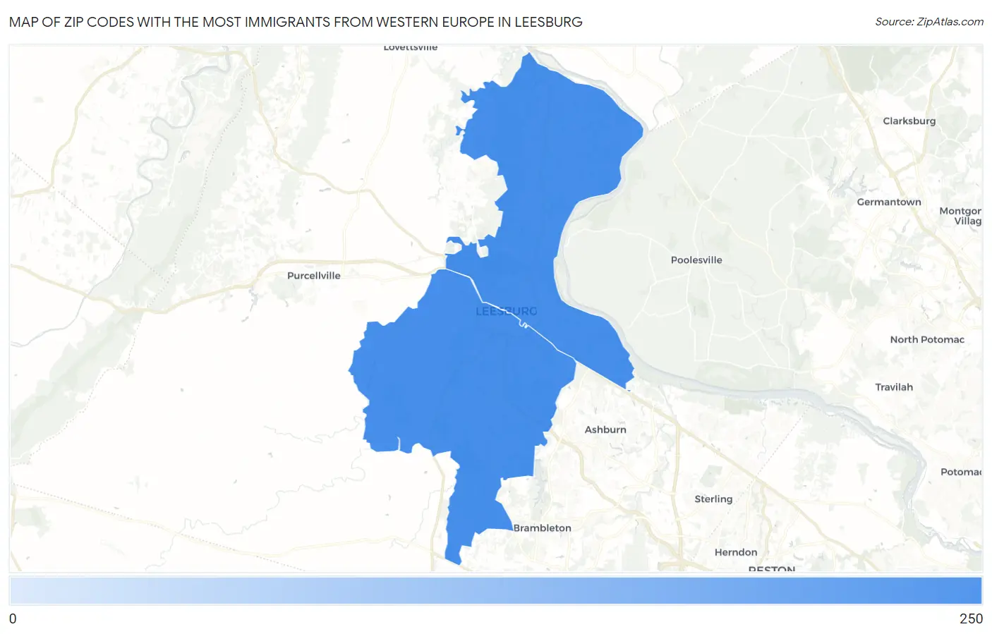 Zip Codes with the Most Immigrants from Western Europe in Leesburg Map