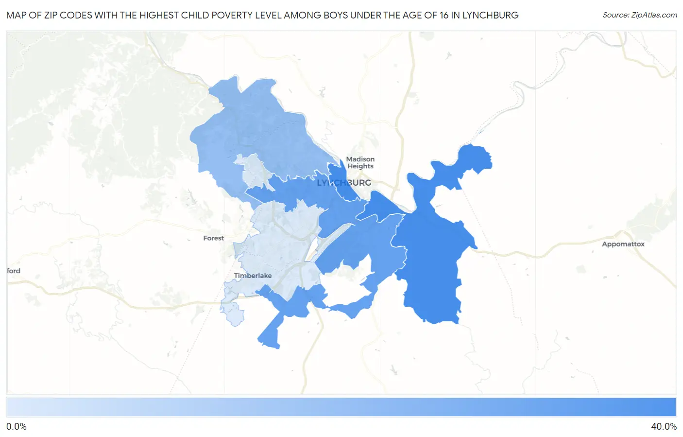 Zip Codes with the Highest Child Poverty Level Among Boys Under the Age of 16 in Lynchburg Map