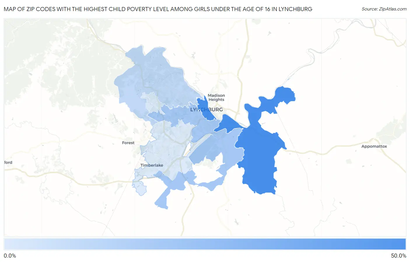 Zip Codes with the Highest Child Poverty Level Among Girls Under the Age of 16 in Lynchburg Map