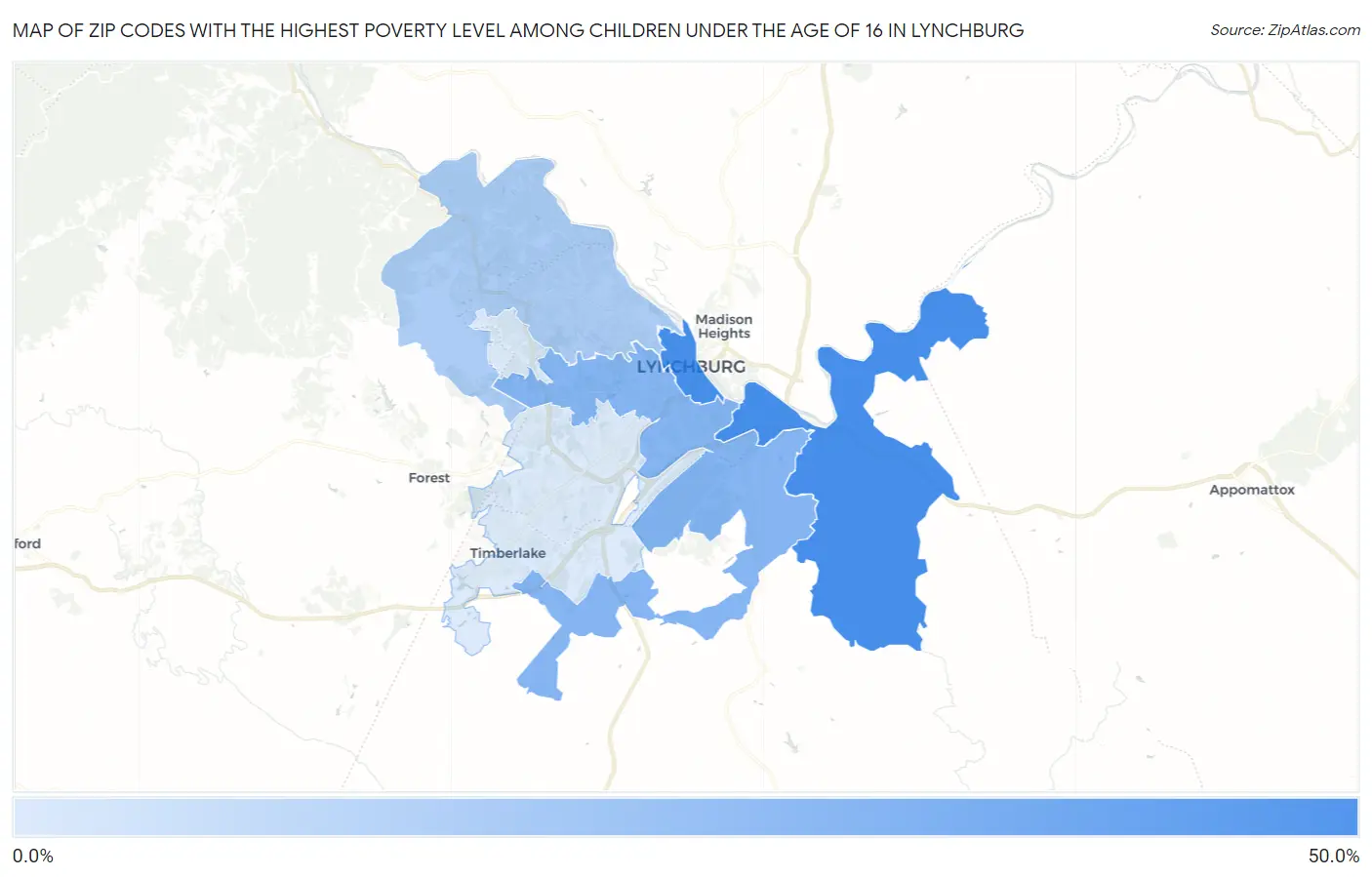 Zip Codes with the Highest Poverty Level Among Children Under the Age of 16 in Lynchburg Map