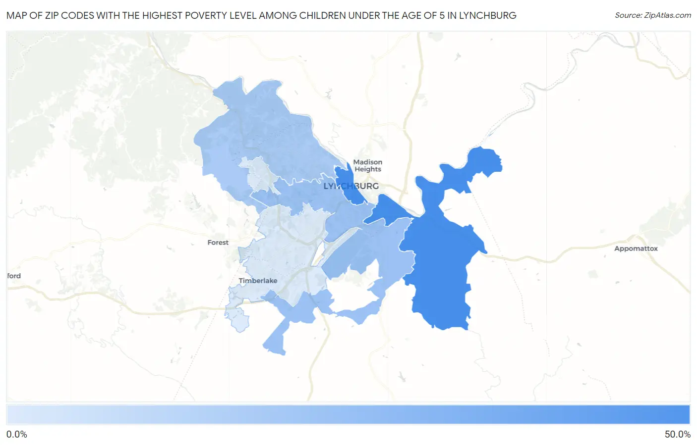 Zip Codes with the Highest Poverty Level Among Children Under the Age of 5 in Lynchburg Map
