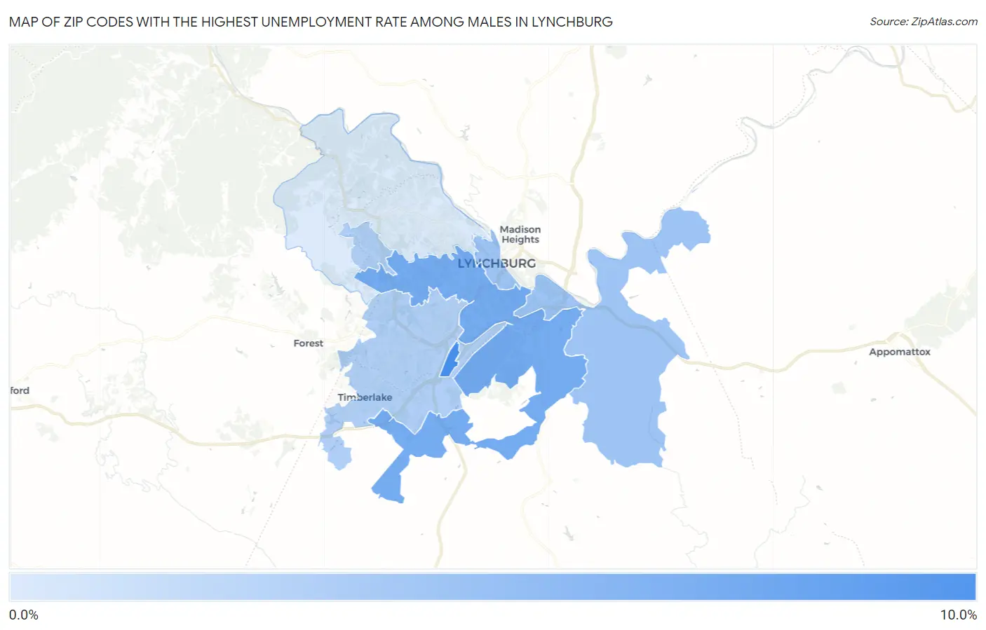 Zip Codes with the Highest Unemployment Rate Among Males in Lynchburg Map