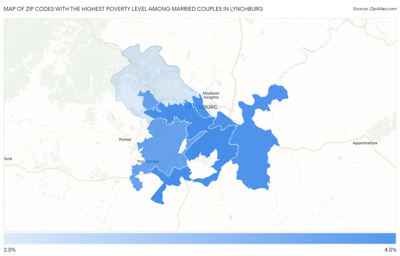 Zip Codes with the Highest Poverty Level Among Married Couples in Lynchburg Map