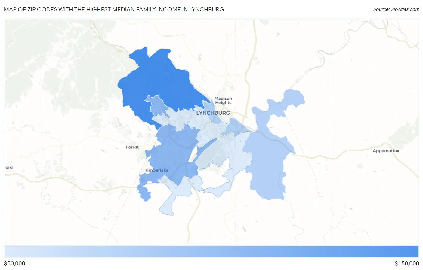 Zip Codes with the Highest Median Family Income in Lynchburg Map
