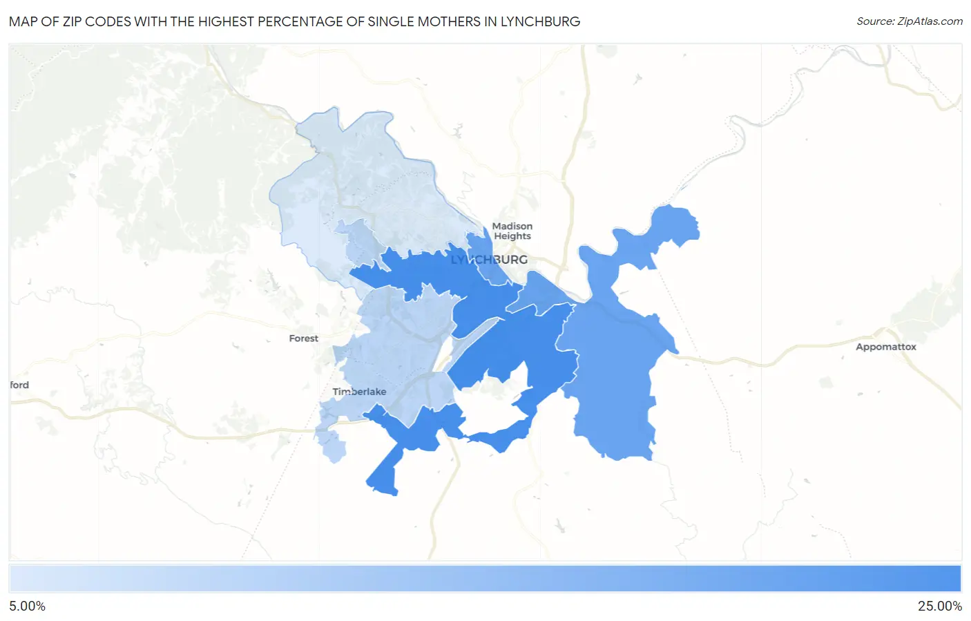 Zip Codes with the Highest Percentage of Single Mothers in Lynchburg Map