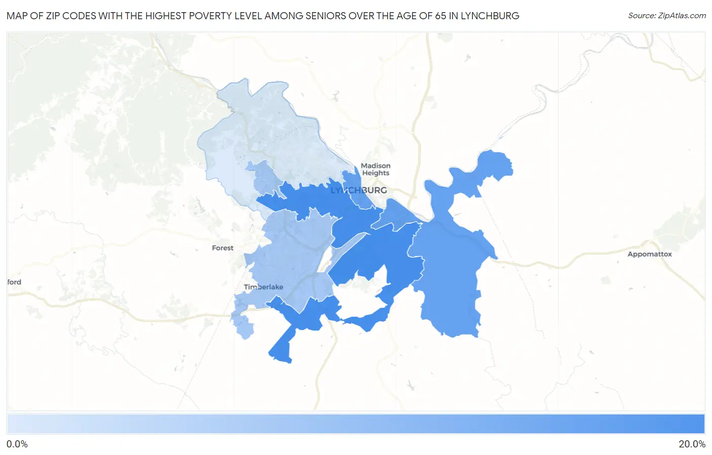 Zip Codes with the Highest Poverty Level Among Seniors Over the Age of 65 in Lynchburg Map