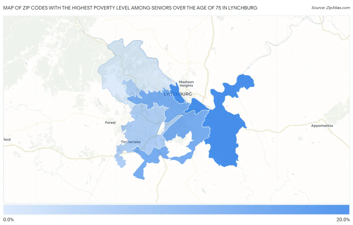 Zip Codes with the Highest Poverty Level Among Seniors Over the Age of 75 in Lynchburg Map