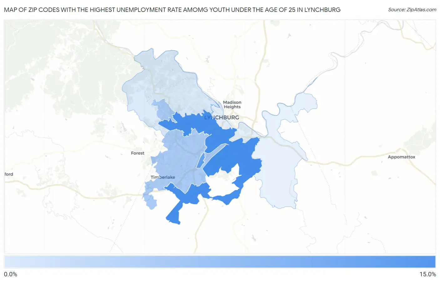 Zip Codes with the Highest Unemployment Rate Amomg Youth Under the Age of 25 in Lynchburg Map